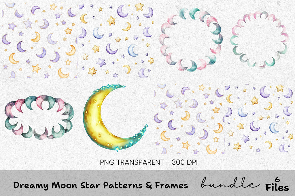 Dreamy Moon Star Patterns Frames Clipart Bundle