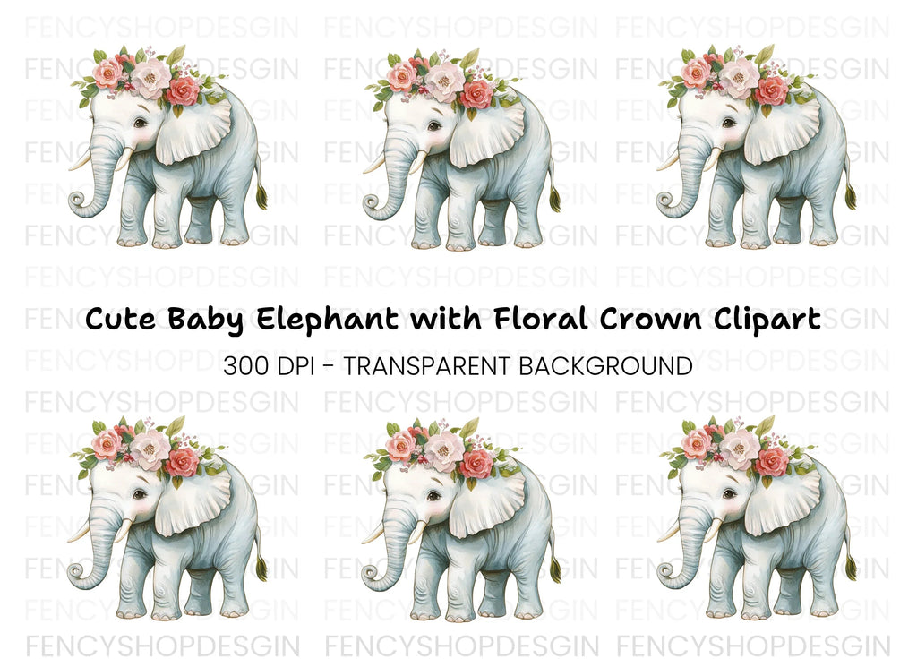 Cute Elephant with Flower Crown Clipart Bundle