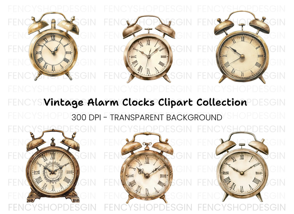 Vintage Alarm Clocks Clipart Bundle