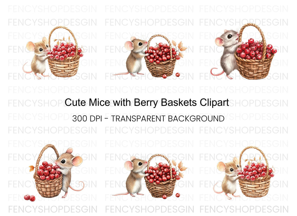 Cute Mice with Berry Baskets Clipart Bundle