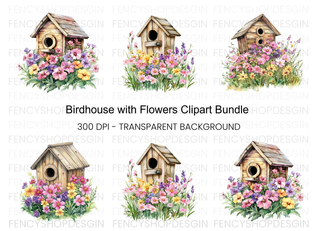 Birdhouse and Flowers Clipart Bundle