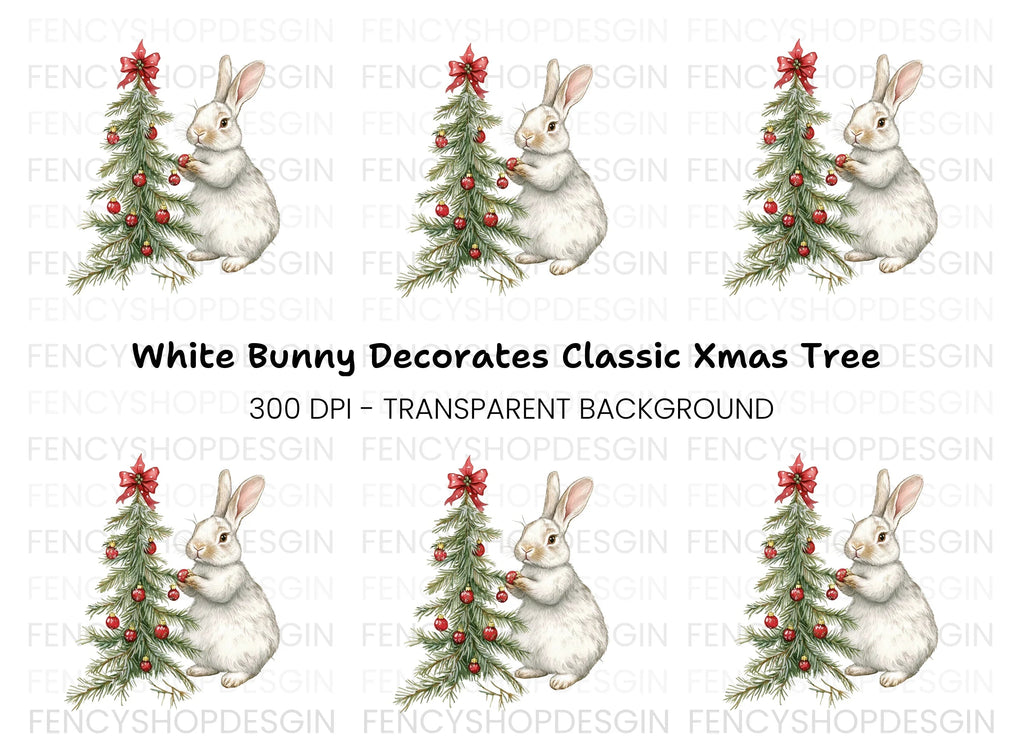 Cute Bunny Decorating Christmas Tree Clipart Bundle
