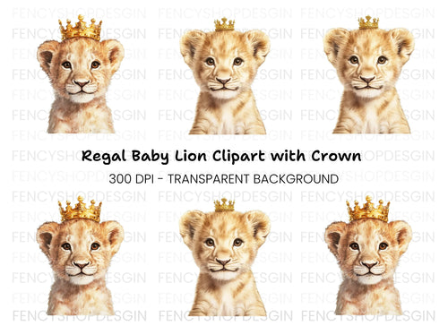 Adorable Lion Cub with Crown Clipart Bundle