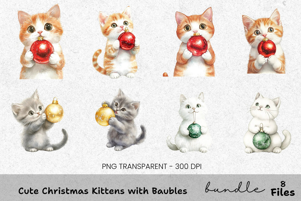 Cute Christmas Kittens with Baubles Clipart Bundle