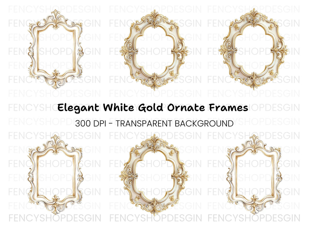 Elegant Gold White Ornate Frames Clipart Bundle