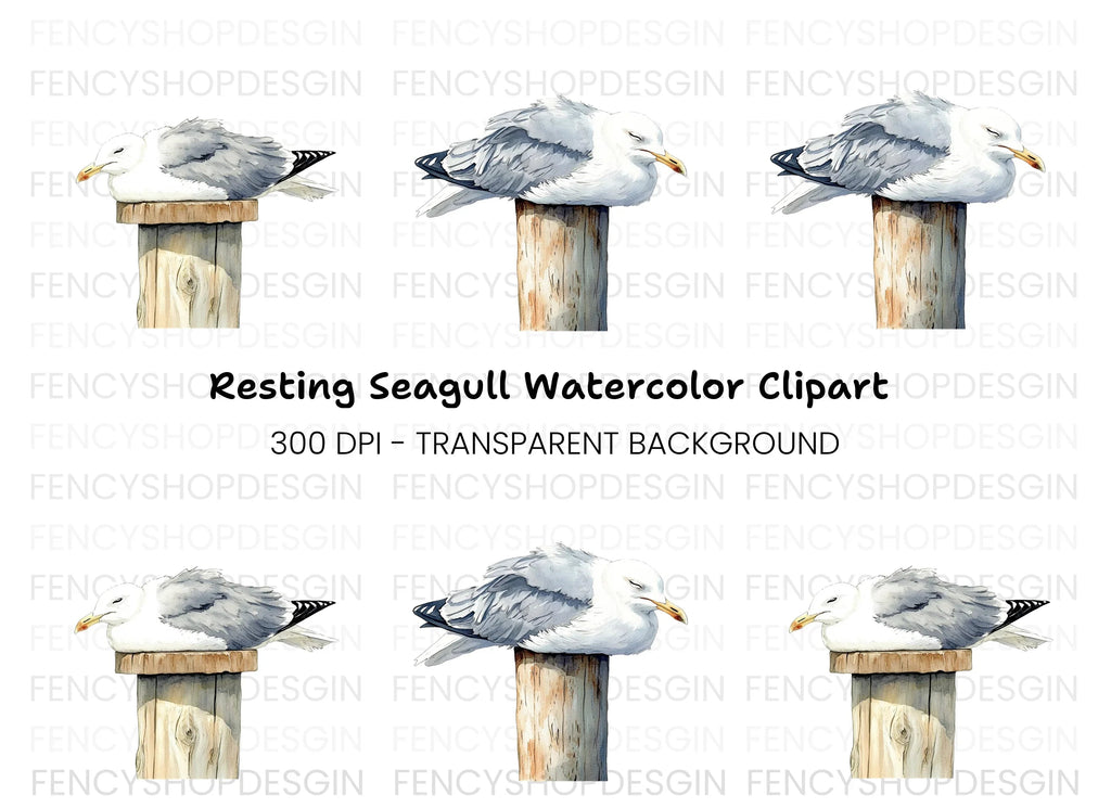 Sleeping Seagulls on Wooden Posts Clipart Bundle