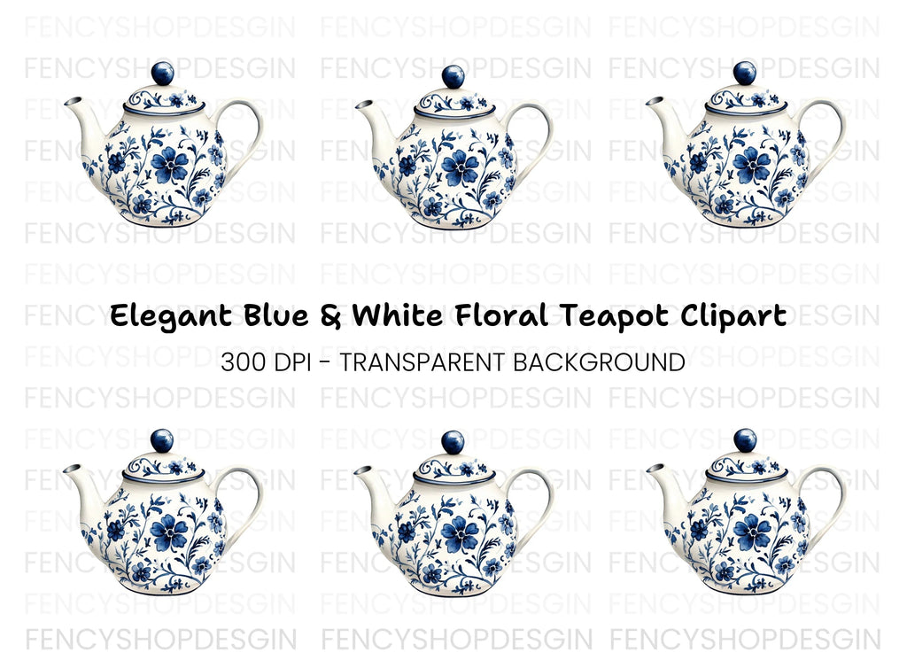 Elegant Blue and White Teapot Clipart Bundle