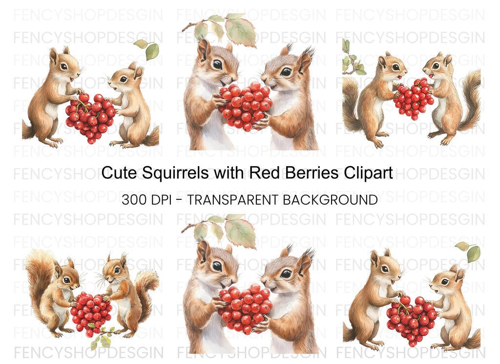 Adorable Squirrels with Berries Clipart Bundle