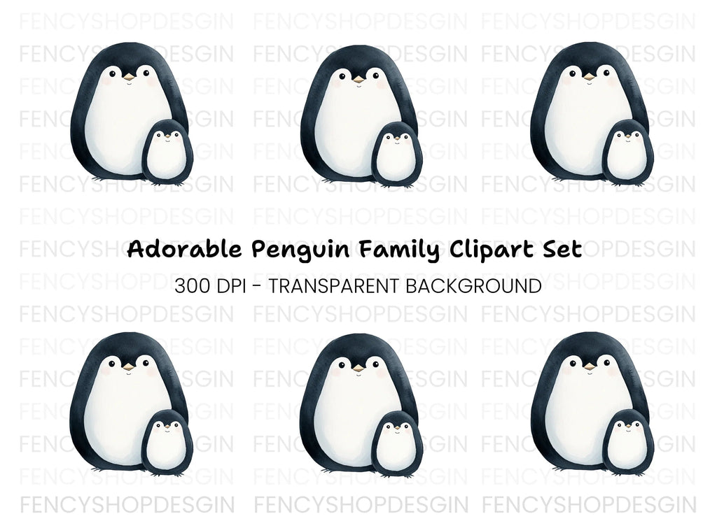 Cute Penguin Mother and Baby Clipart Bundle