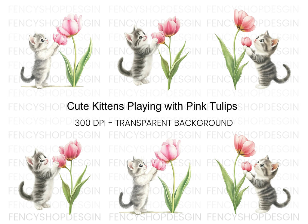 Cute Kitten with Pink Tulip Clipart Bundle