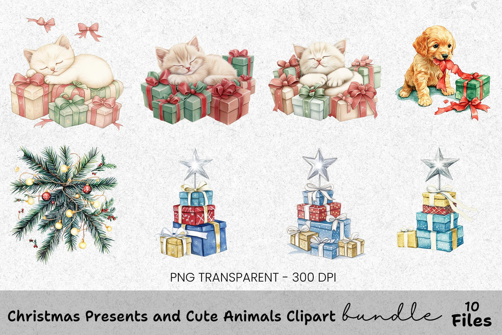 Christmas Presents & Cute Animals Clipart Bundle