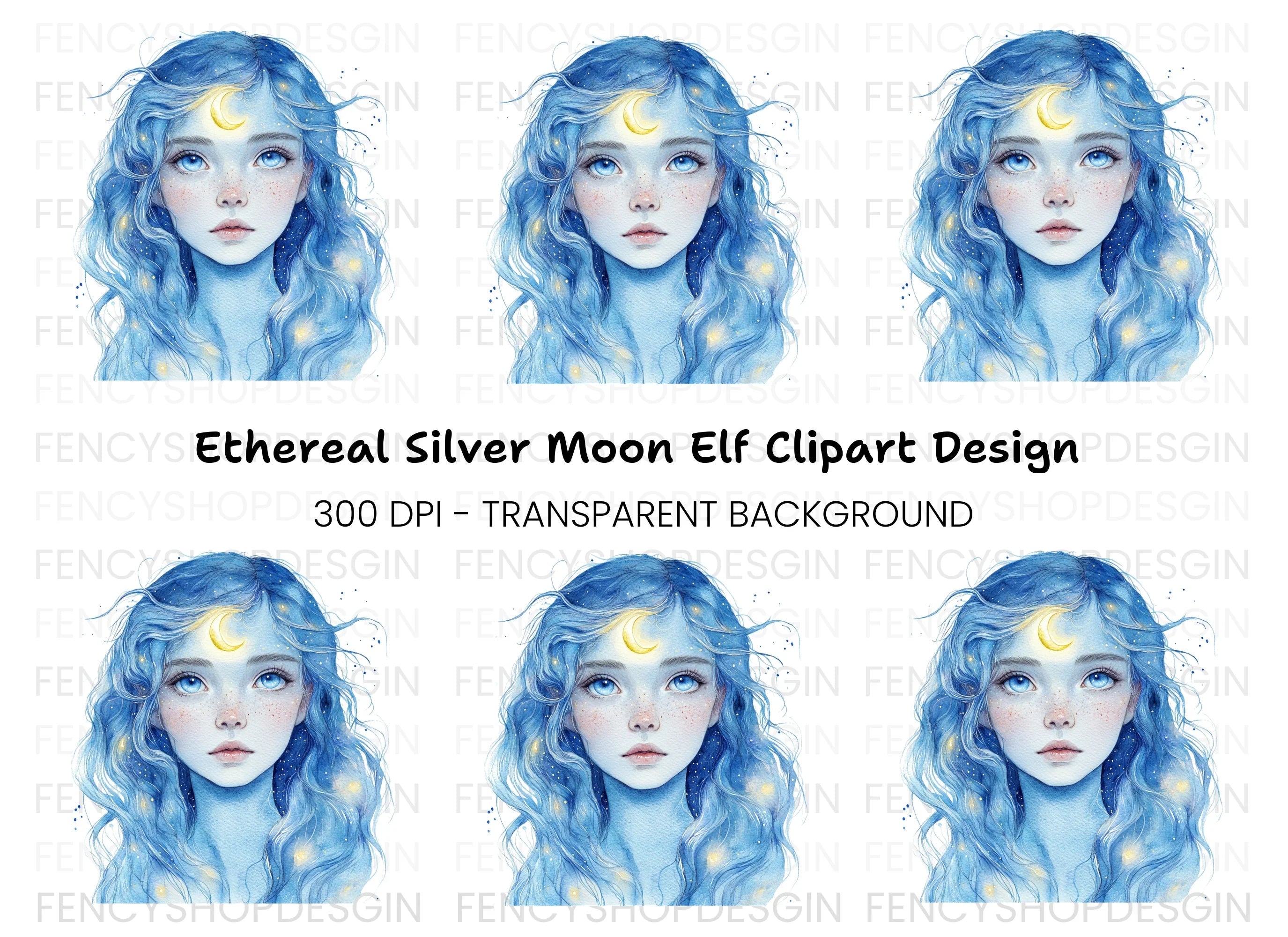Celestial Blue Haired Girl Clipart Bundle