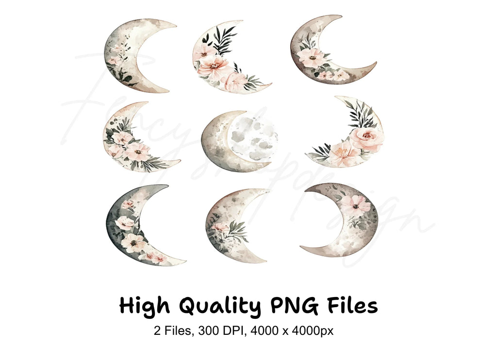 Floral Moon Clipart Bundle