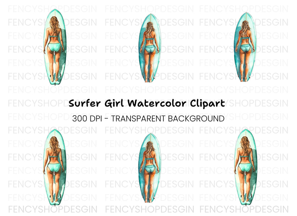 Female Surfer on Board Clipart Bundle
