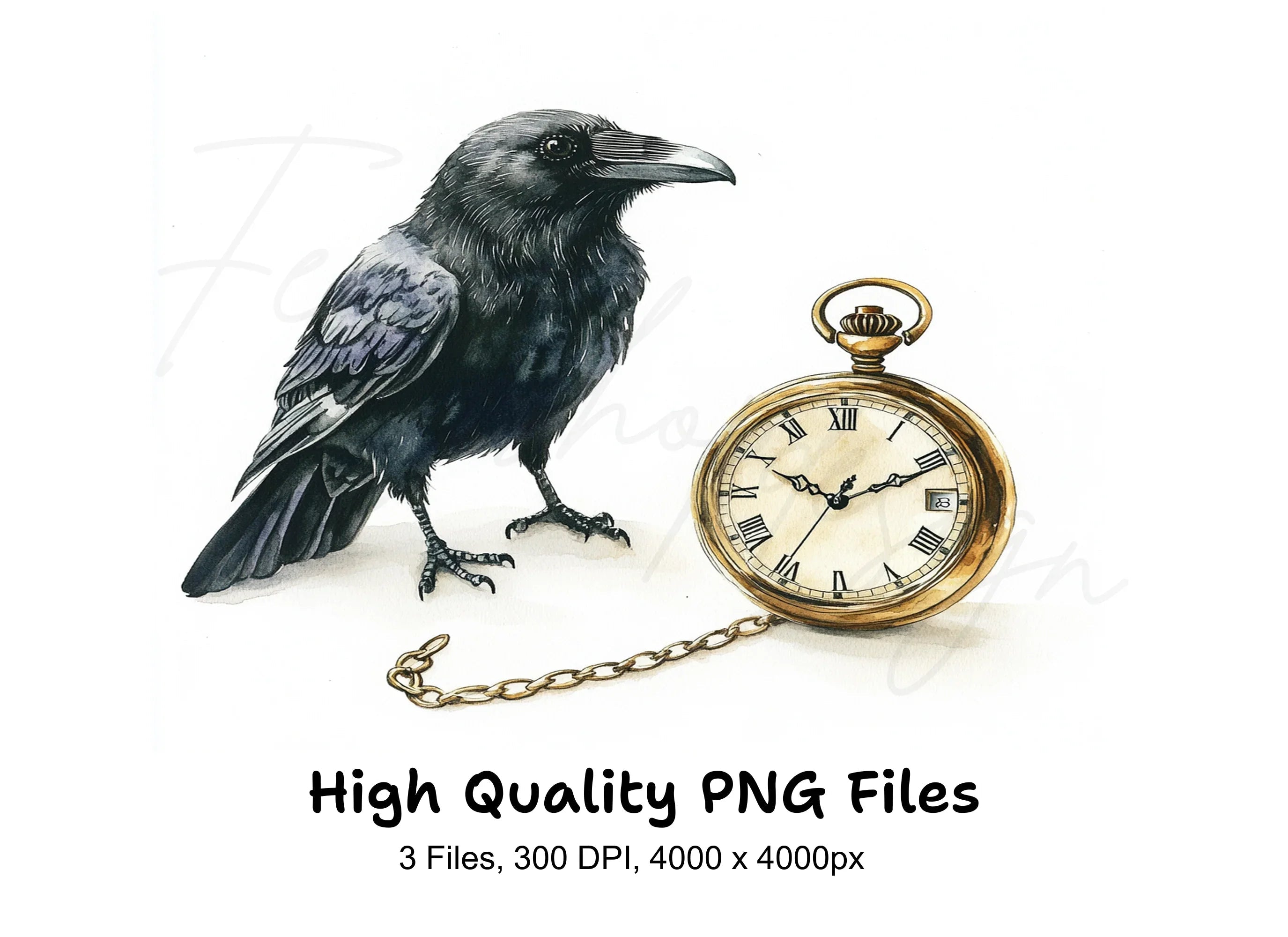 Mystical Raven and Pocket Watch Clipart Bundle