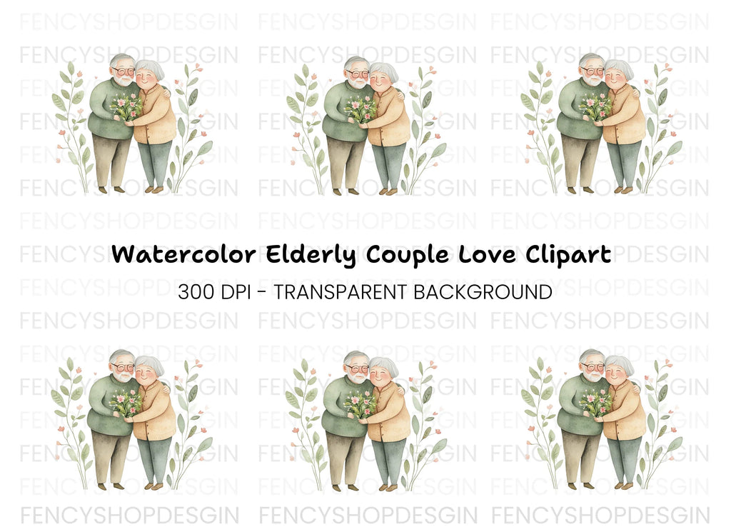 Elderly Couple with Flowers Clipart Bundle