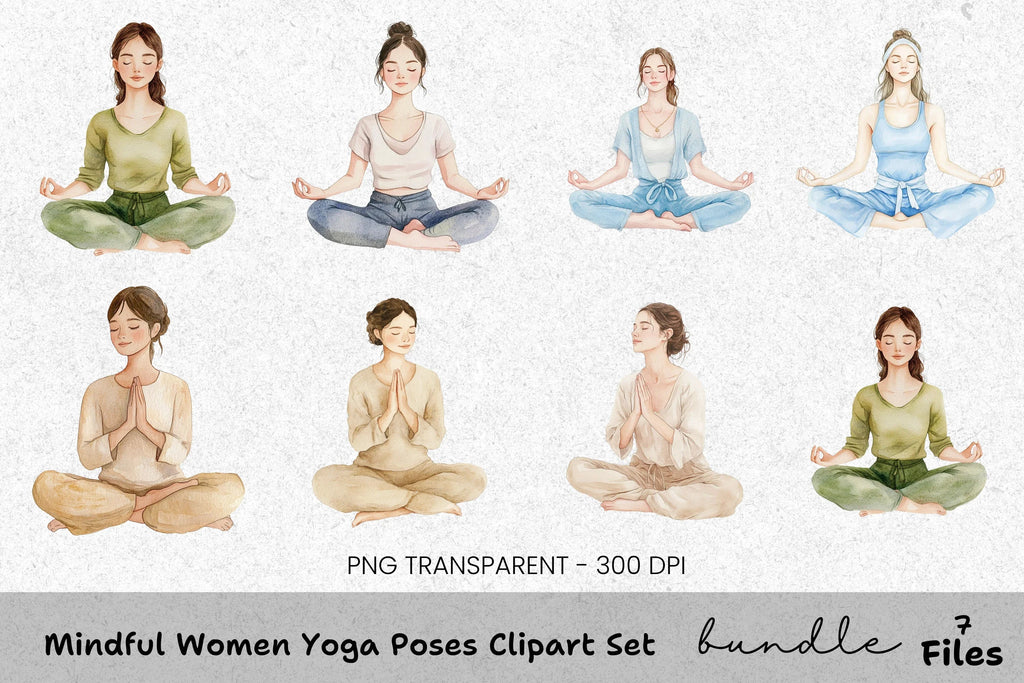 Mindful Women Yoga Poses Clipart Bundle