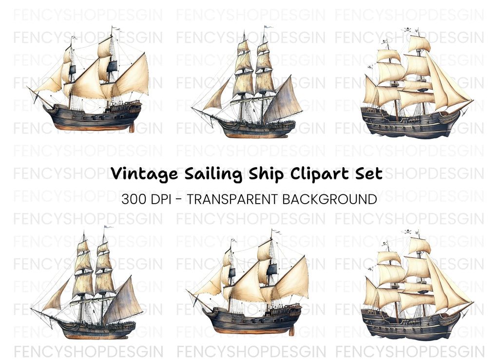 Vintage Pirate Ships Clipart Bundle