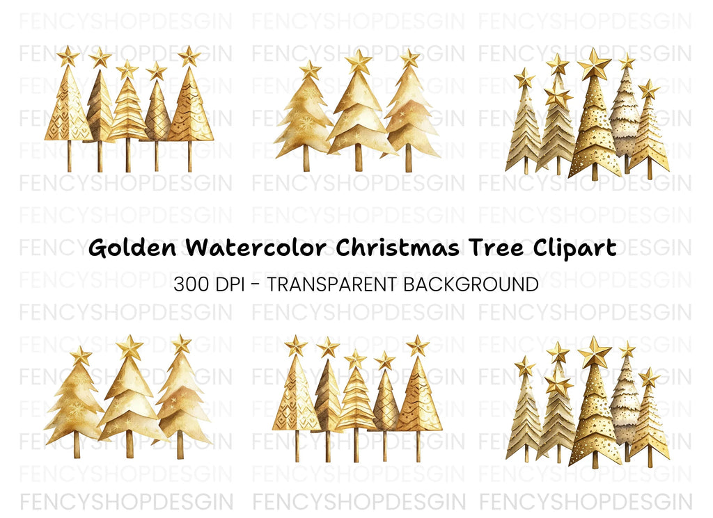Golden Christmas Trees Clipart Bundle