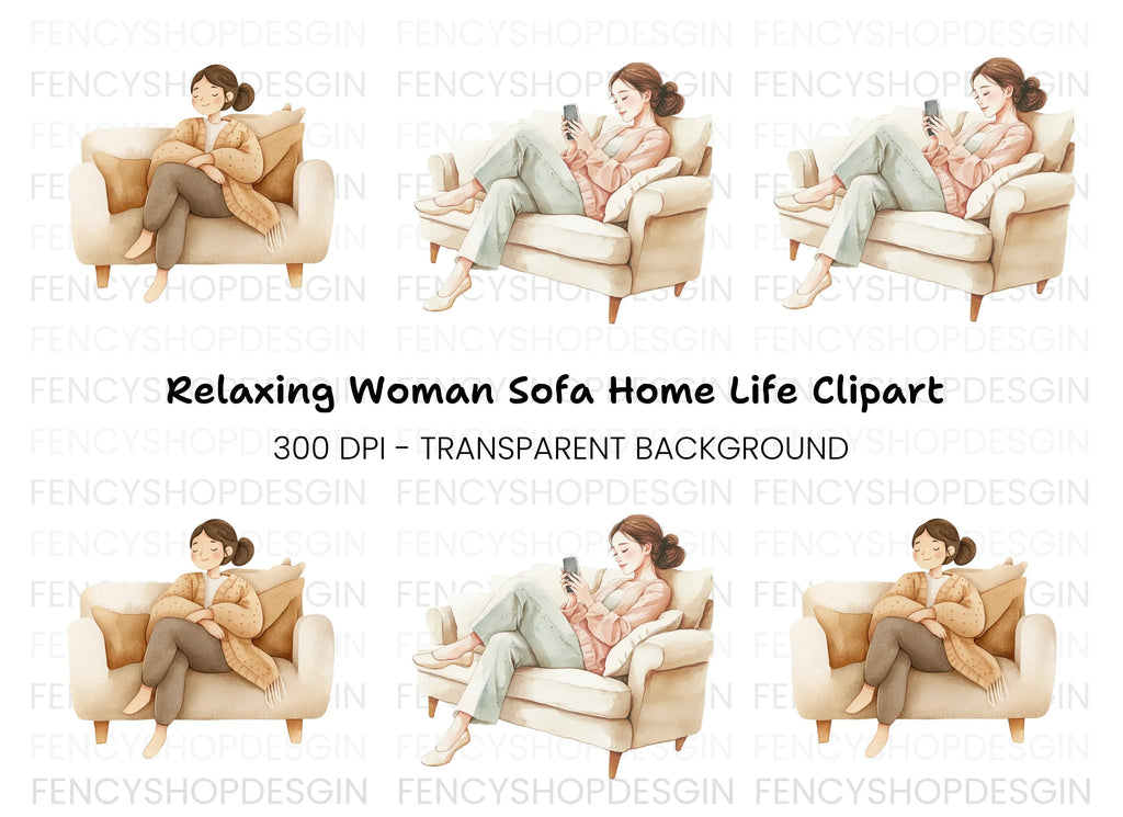 Cozy Women on Sofa Clipart Bundle