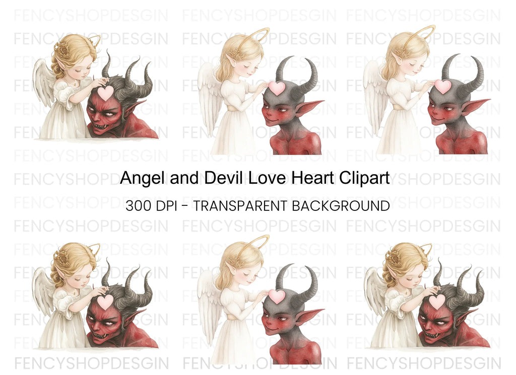 Cute Angel and Devil Heart Clipart Bundle
