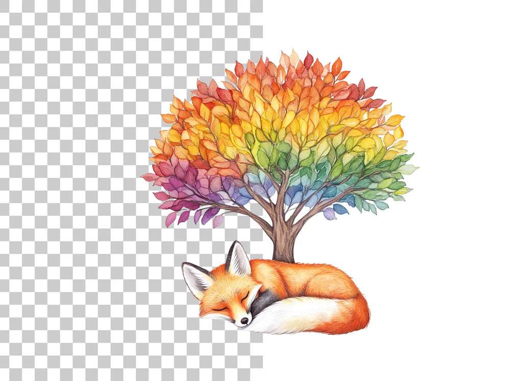 Sleeping Fox Under Rainbow Tree Clipart Bundle
