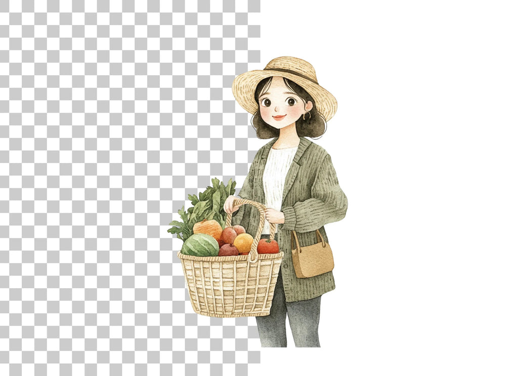 Girls with Baskets of Fresh Produce Clipart Bundle