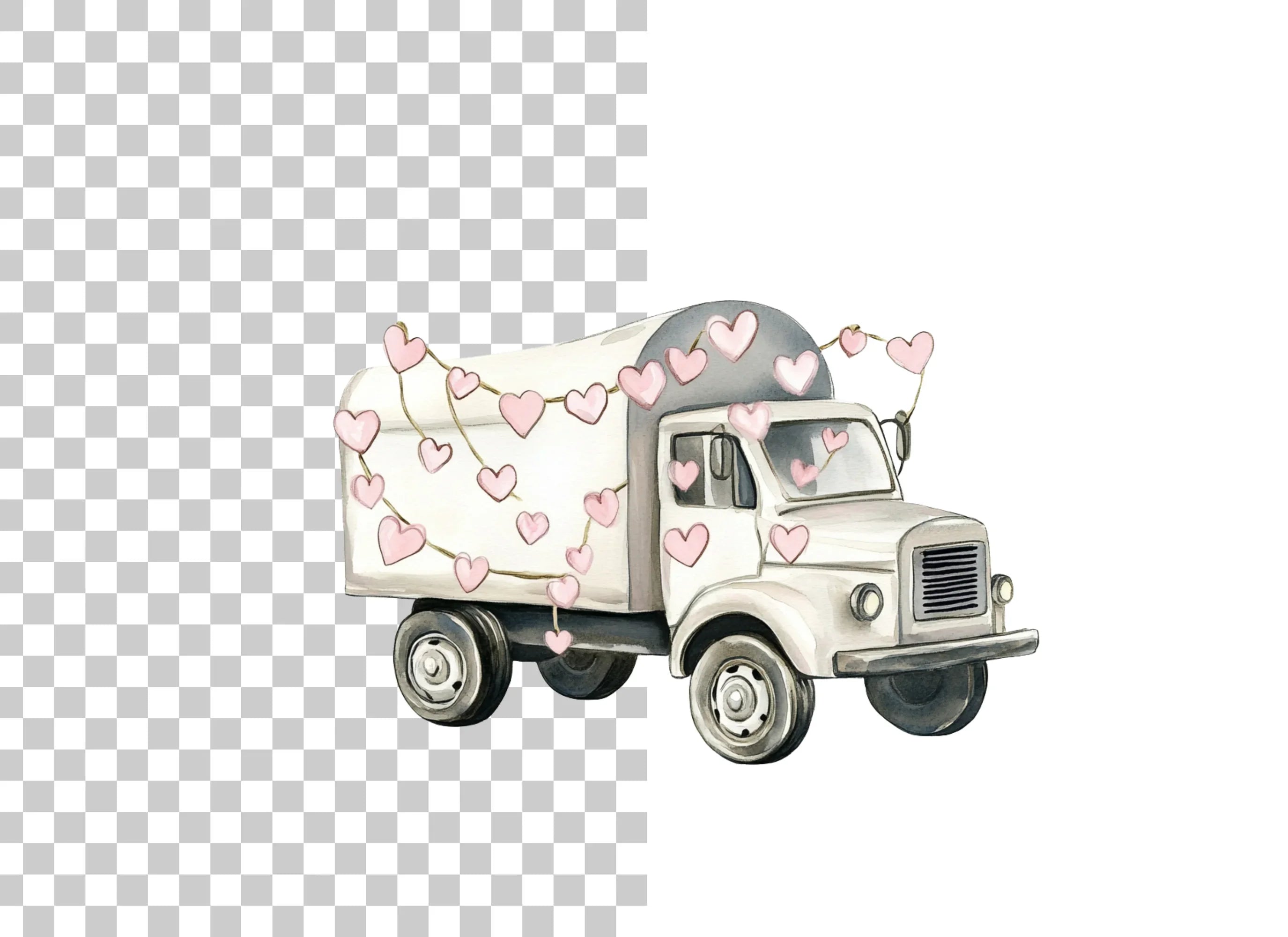 White Valentine Trucks with Heart Garlands Clipart Bundle