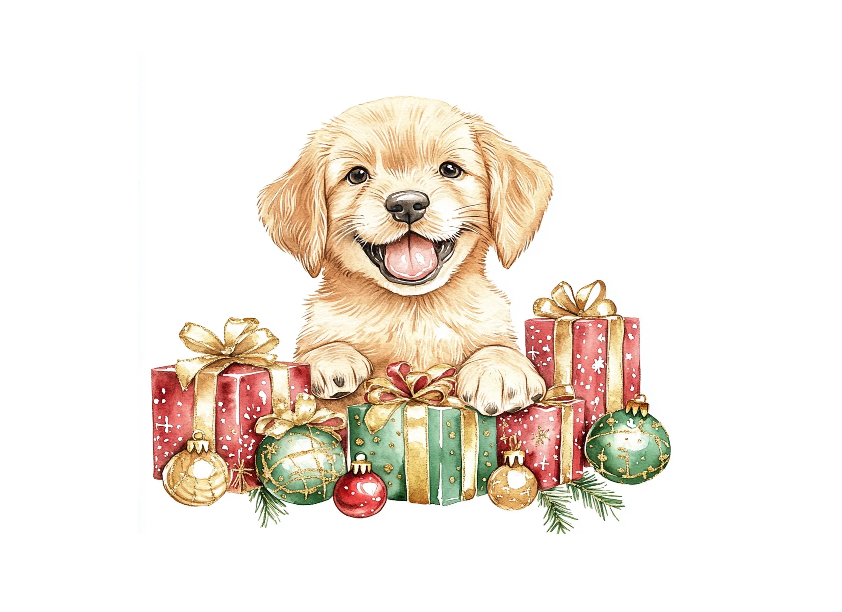 Happy Christmas Puppies with Presents Clipart Bundle