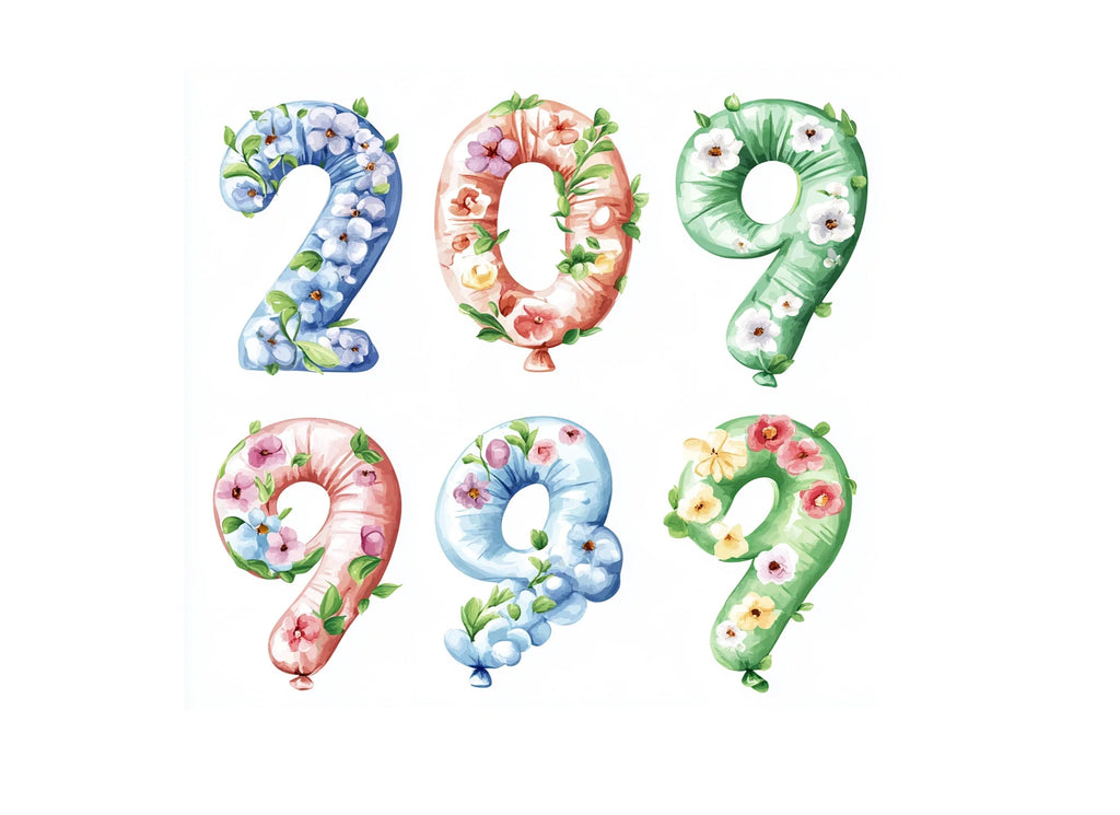 Floral Number Balloons Clipart Bundle