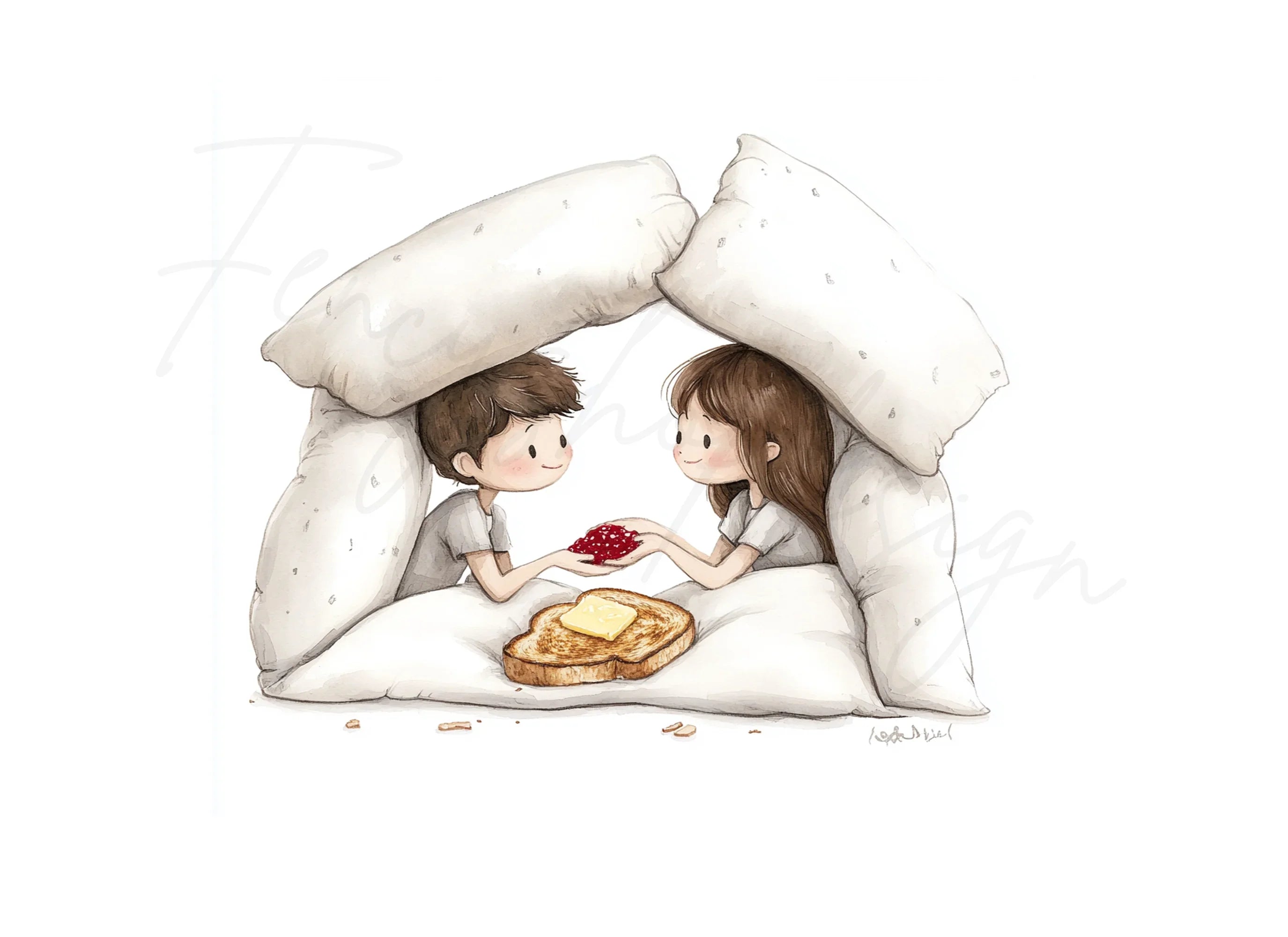 Cute Couple Pillow Fort Breakfast Clipart Bundle