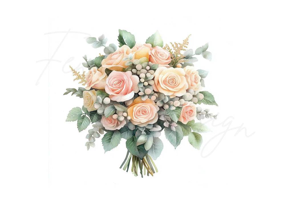 Elegant Rose and Eucalyptus Bouquets Clipart Bundle