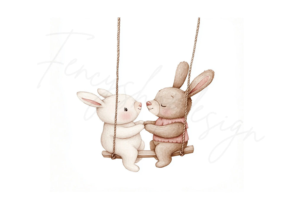 Cute Bunny and Bear Couple on Swings Clipart Bundle