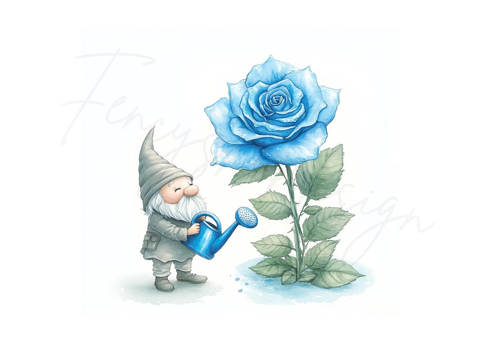 Gnome Watering Blue Rose Clipart Bundle