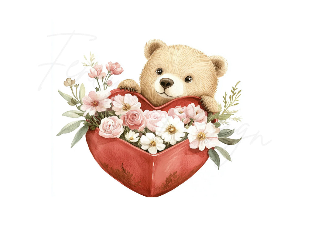 Cute Bear in Heart with Flowers Clipart Bundle