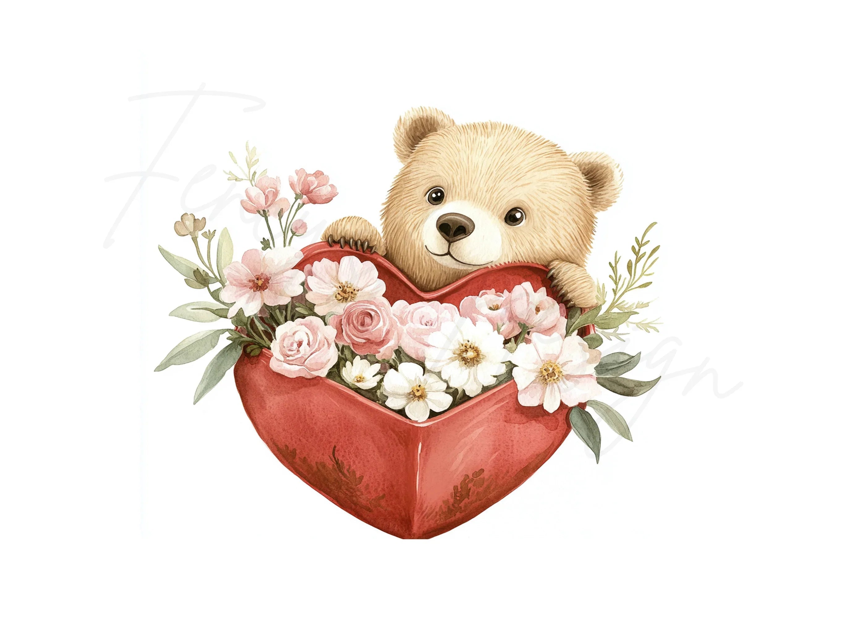 Cute Bear in Heart with Flowers Clipart Bundle