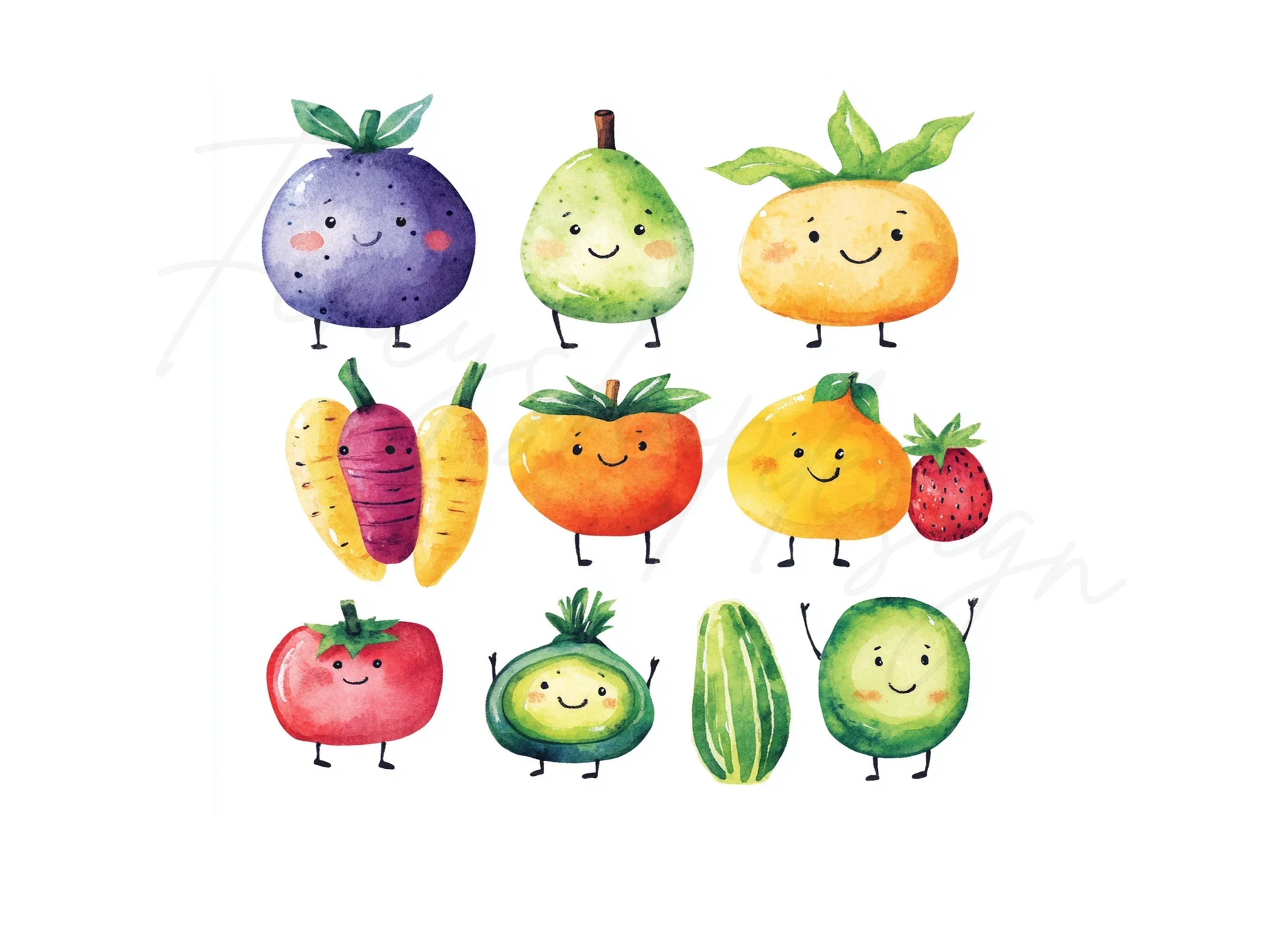 Cute Kawaii Fruits and Vegetables Clipart Bundle