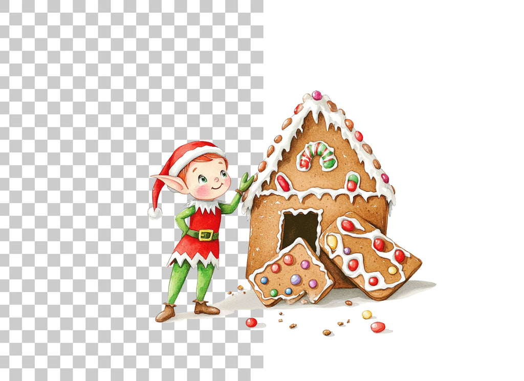 Cute Elf with Gingerbread House Clipart Bundle