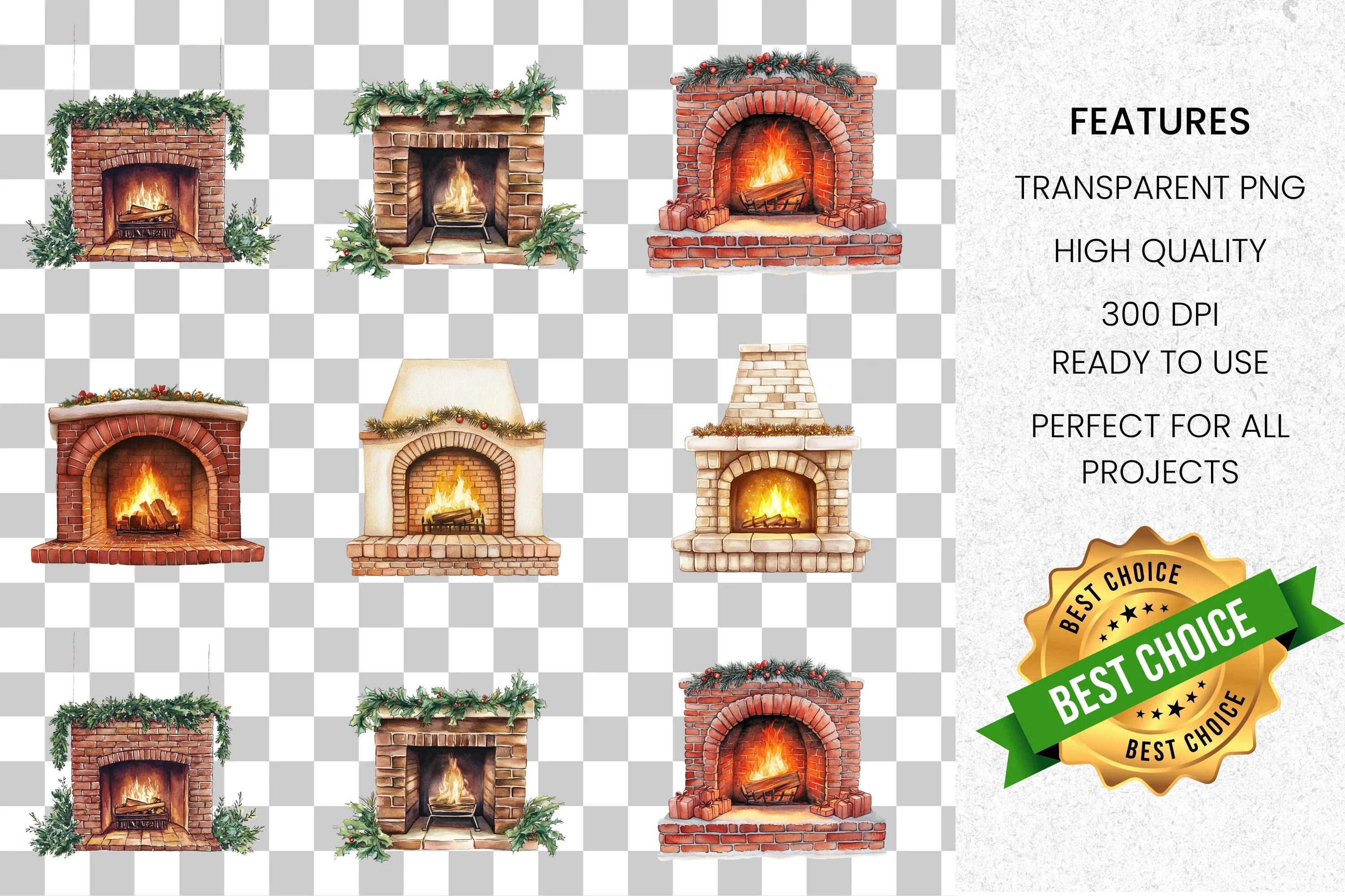 Cozy Christmas Fireplace Clipart Bundle
