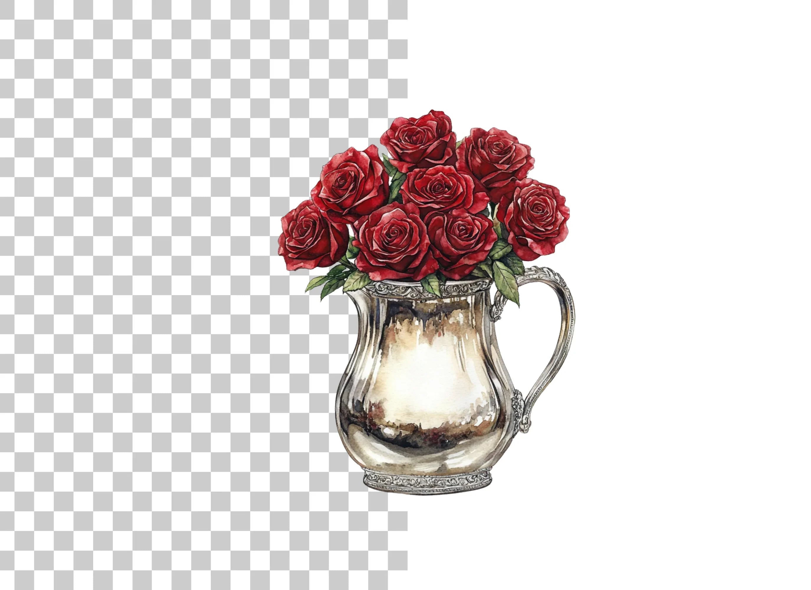 Red Roses in Silver Pitcher Clipart Bundle