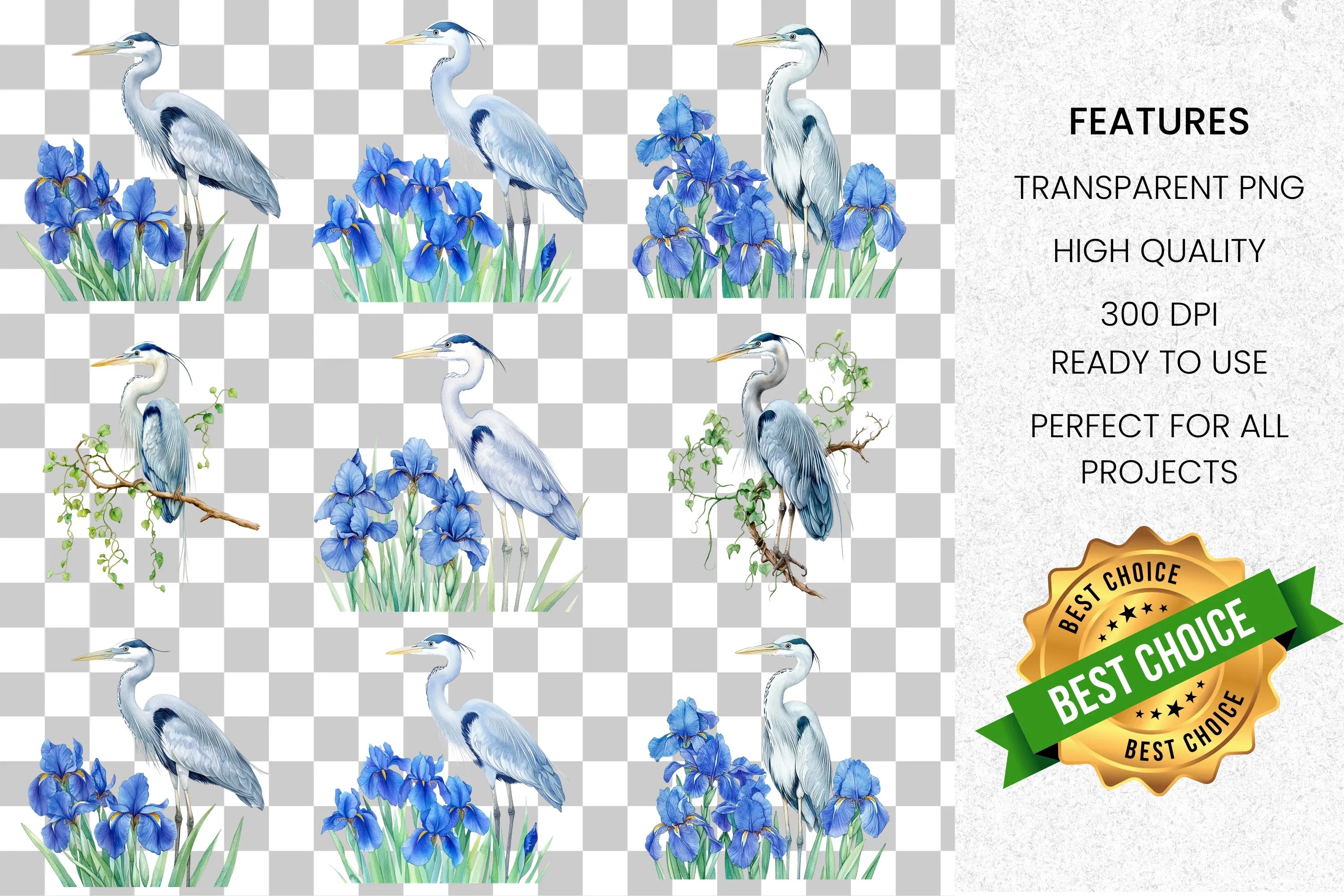 Graceful Heron and Iris Floral Clipart Bundle
