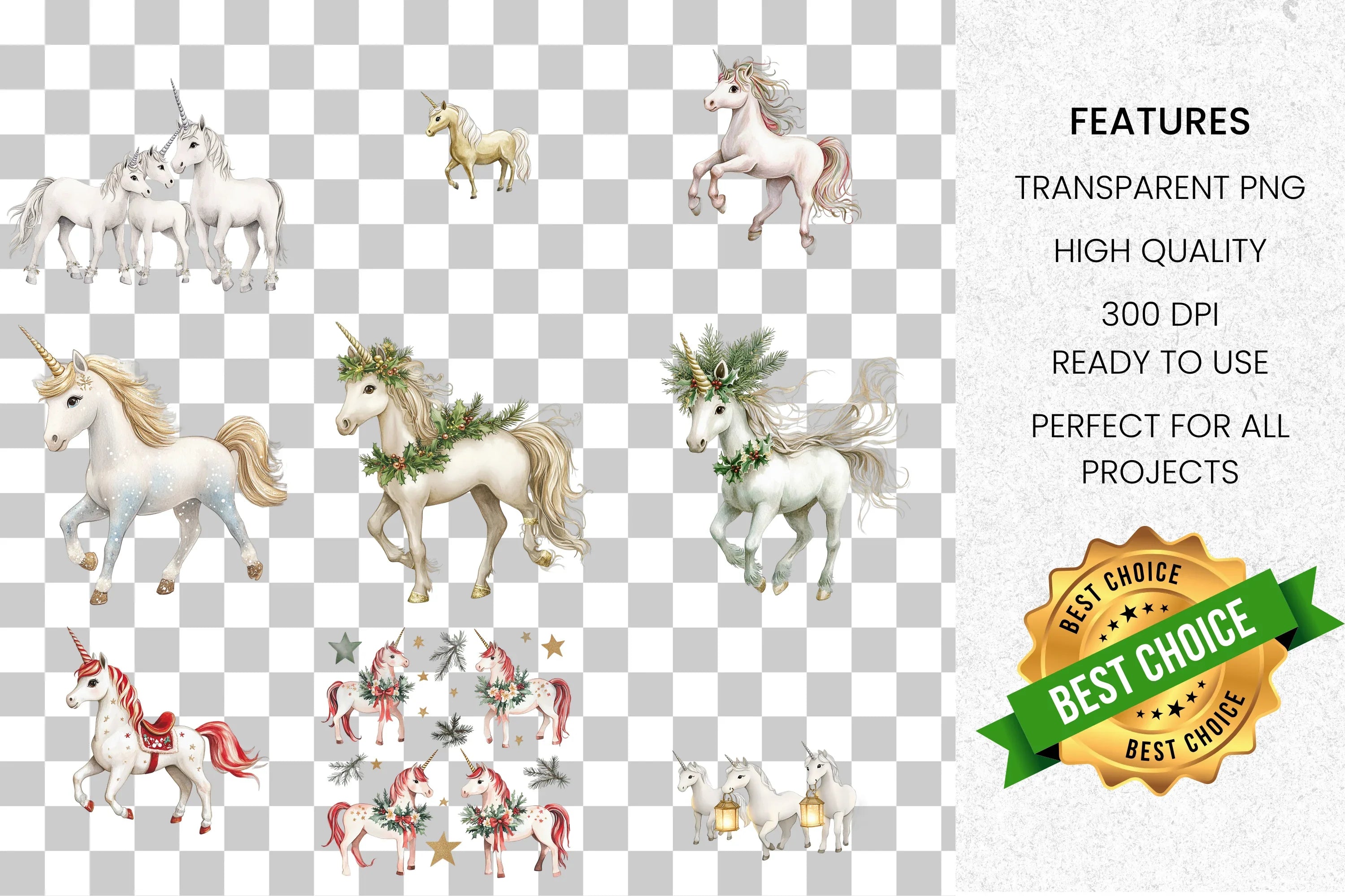 Magical Christmas Unicorns Clipart Bundle