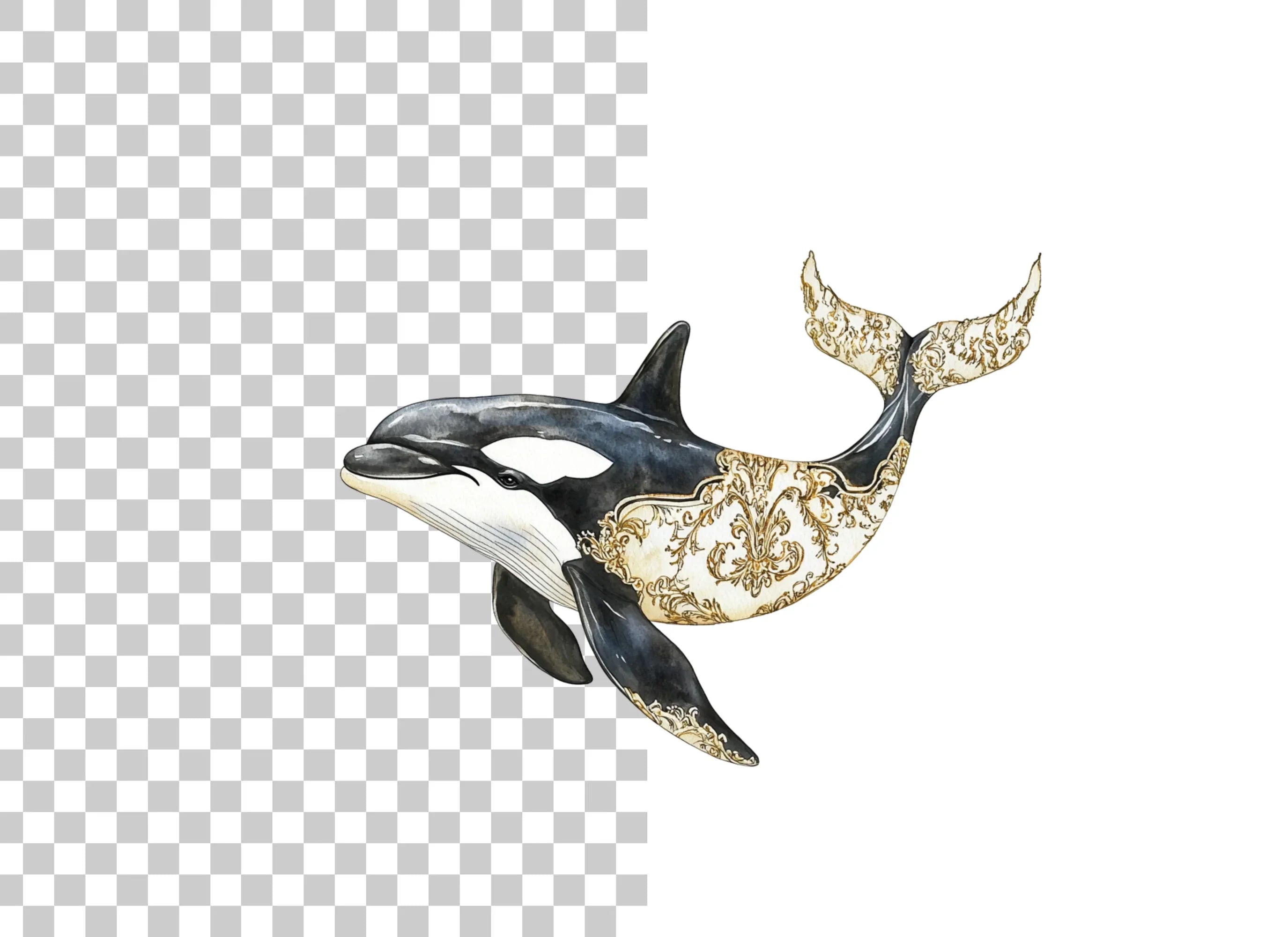 Ornate Gold and Black Orca Whale Clipart Bundle