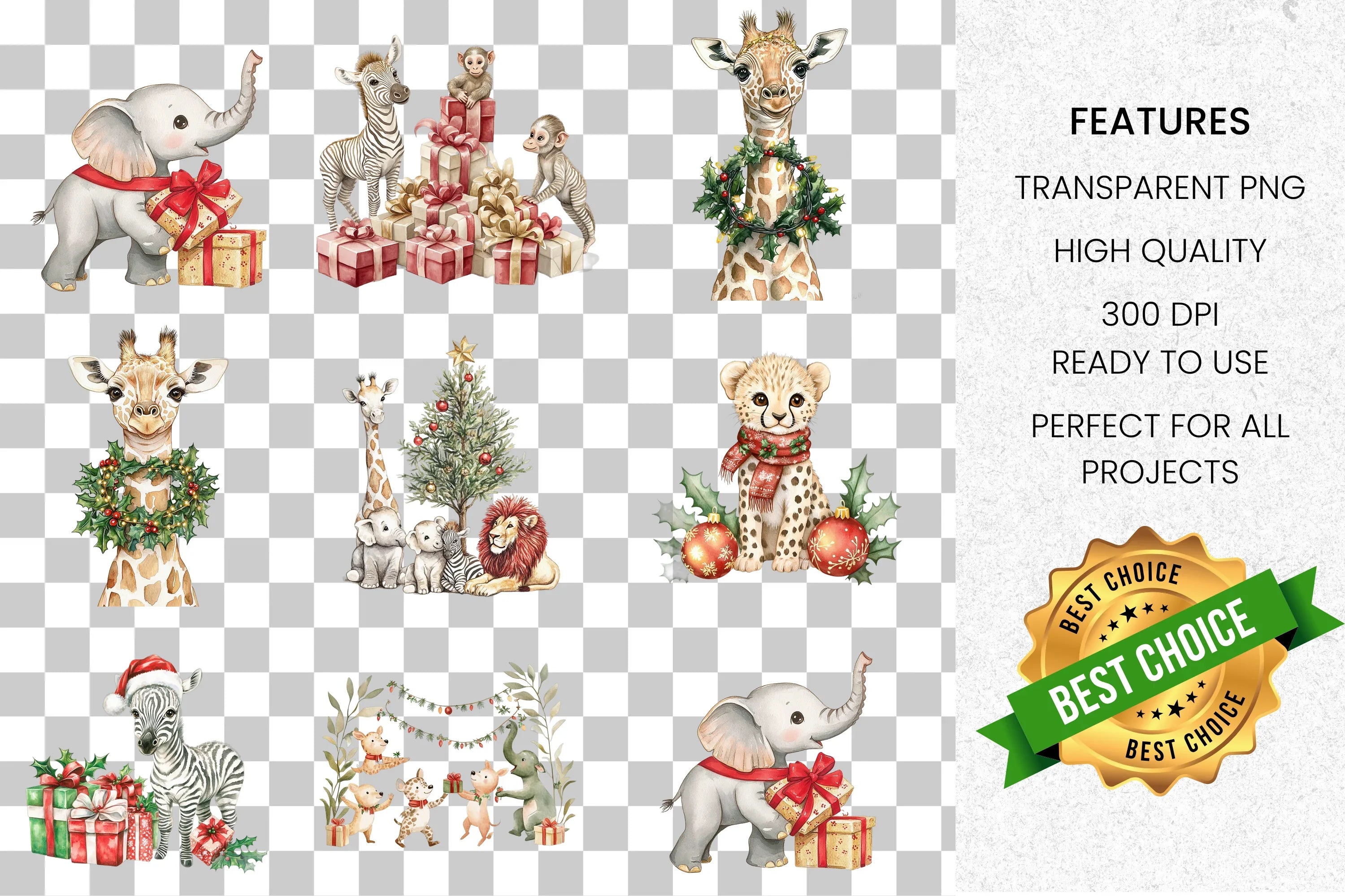 Christmas Safari Animals Clipart Bundle