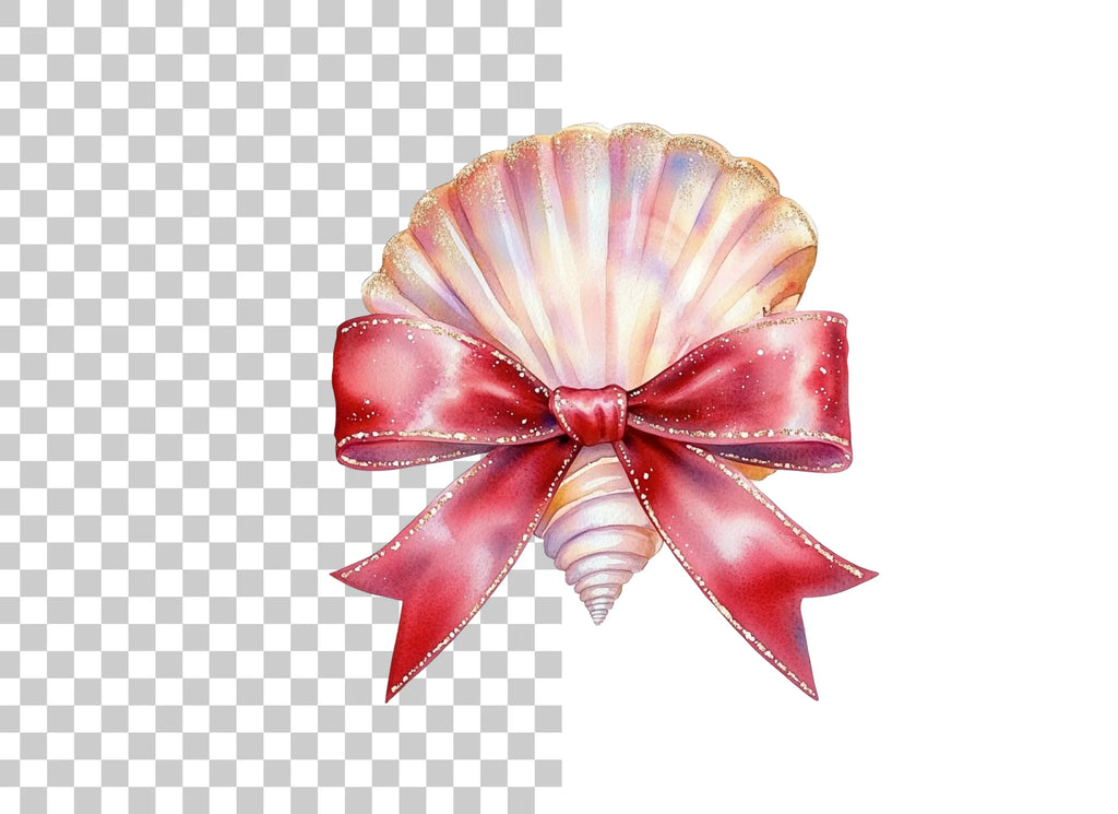 Elegant Seashells with Red Bows Clipart Bundle