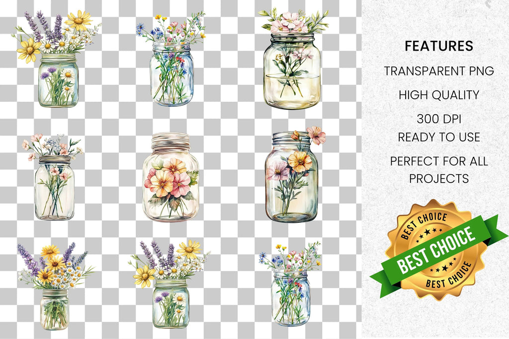 Wildflower Mason Jars Clipart Bundle