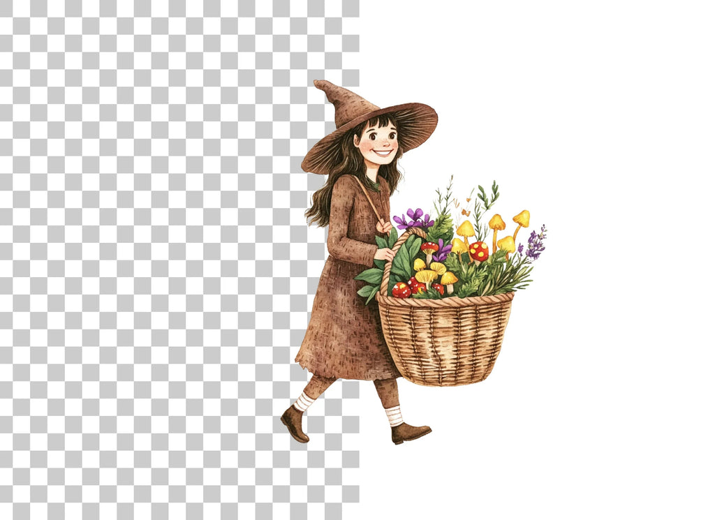 Cute Witches with Flower Baskets Clipart Bundle