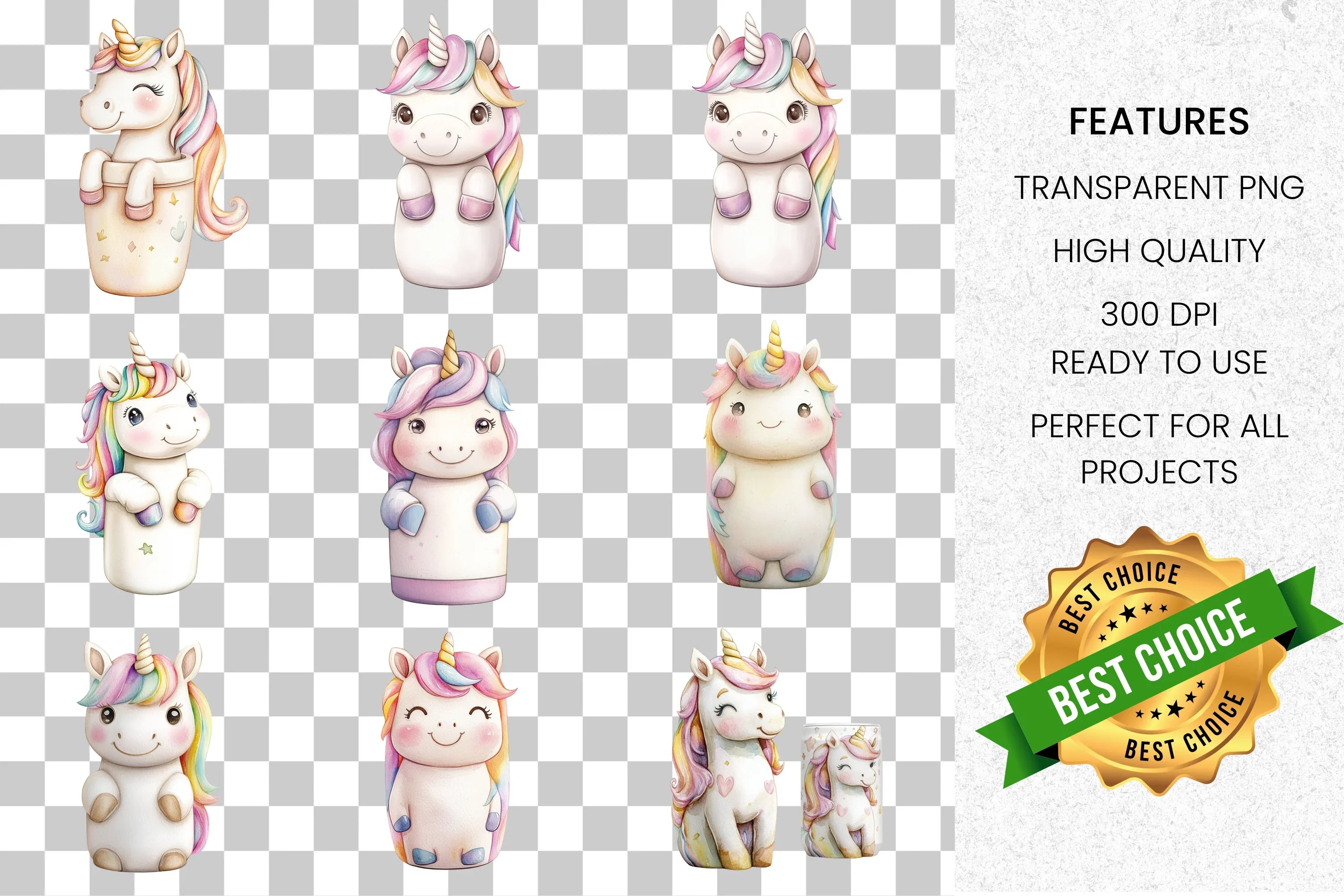 Adorable Rainbow Unicorns Clipart Bundle