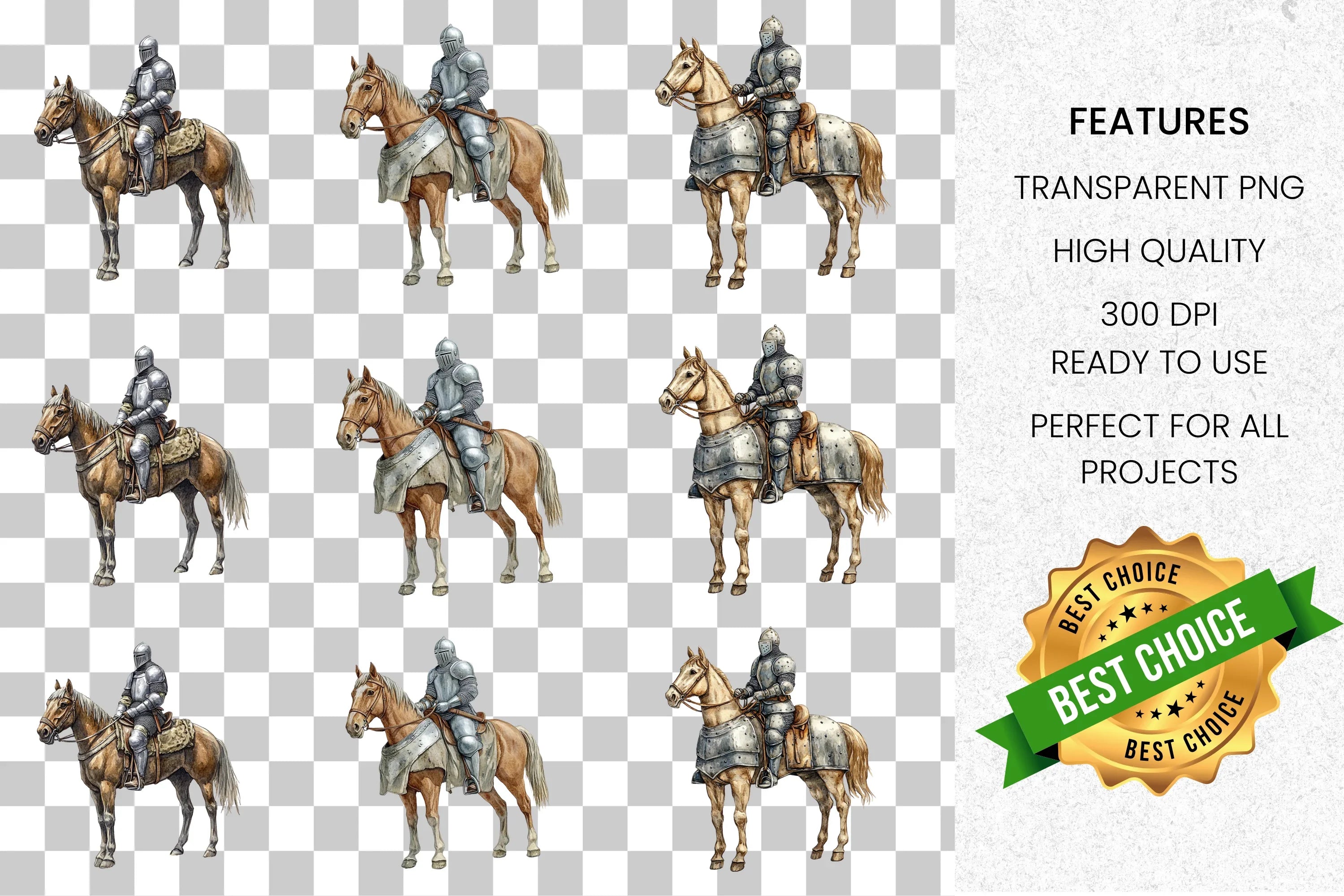 Medieval Knight on Horseback Clipart Bundle