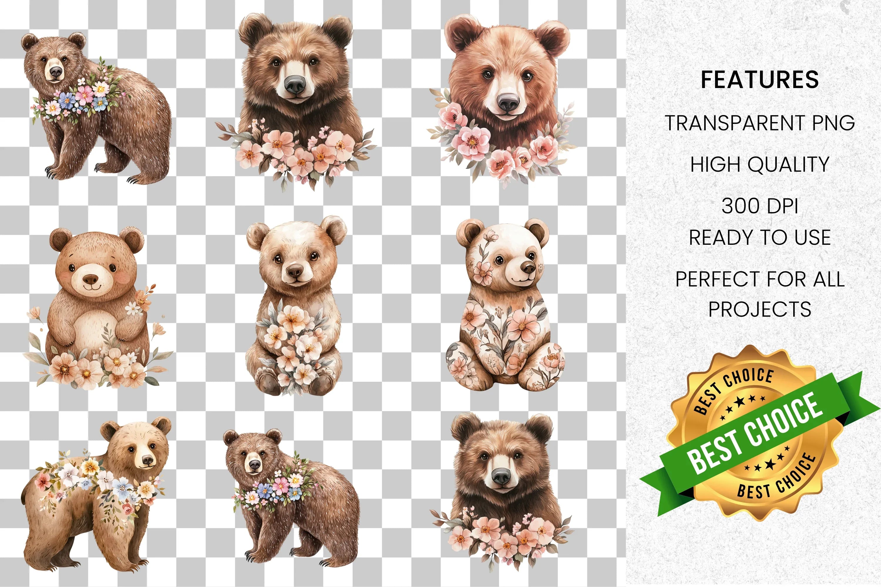 Whimsical Floral Woodland Bear Clipart Bundle